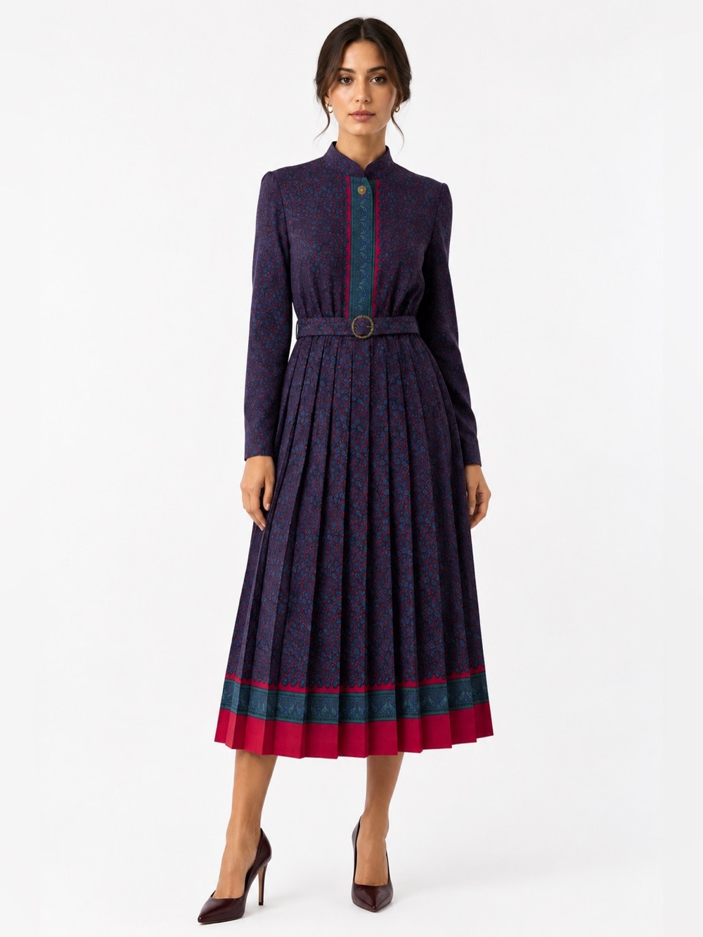 Vintage Leslie Fay Petite 14P Paisley Pleated Midi Dress Belted Secretary